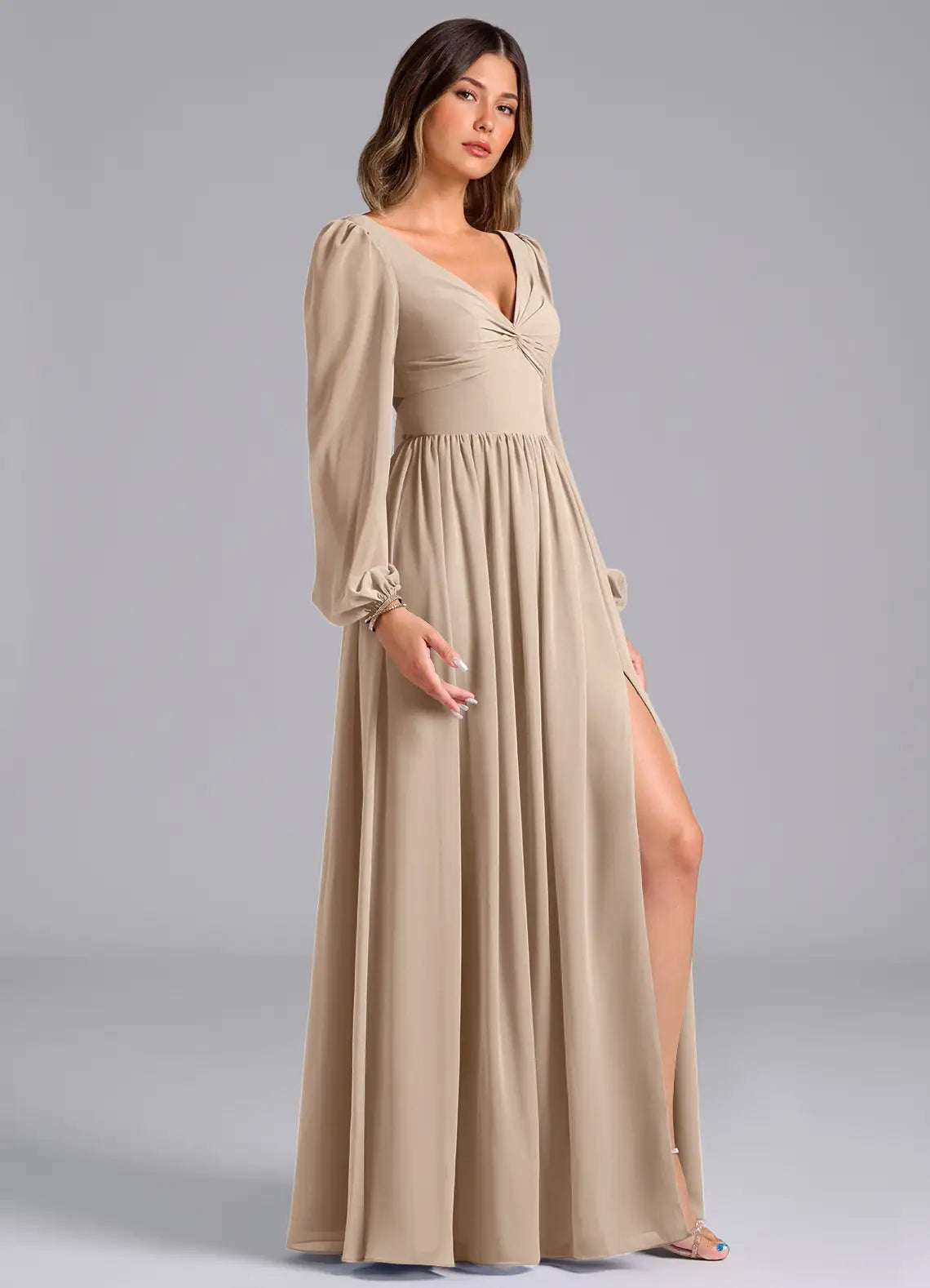Taupe Chiffon Long Sleeve High Slit Wedding Dress - Chloe Dress