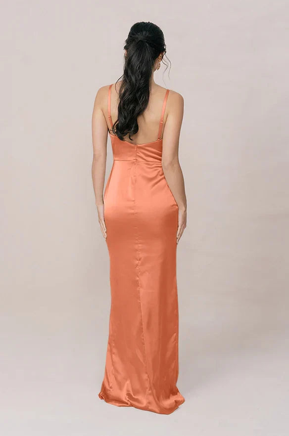V-Neck Satin Open Back High Slit Wedding Dress - Chloe Dress