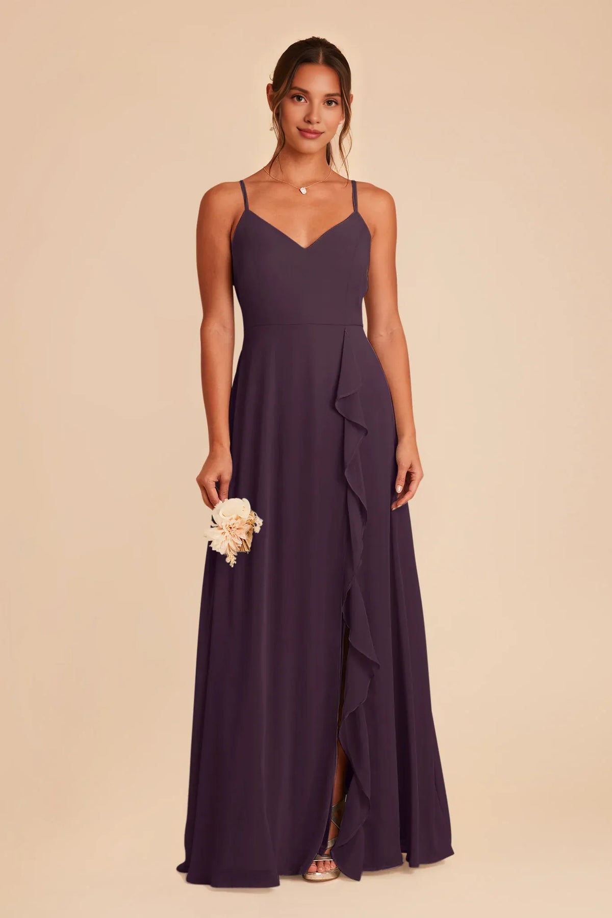 Plum V-Neck Chiffon Ruffled Floor-Length Wedding Dress - Chloe Dress