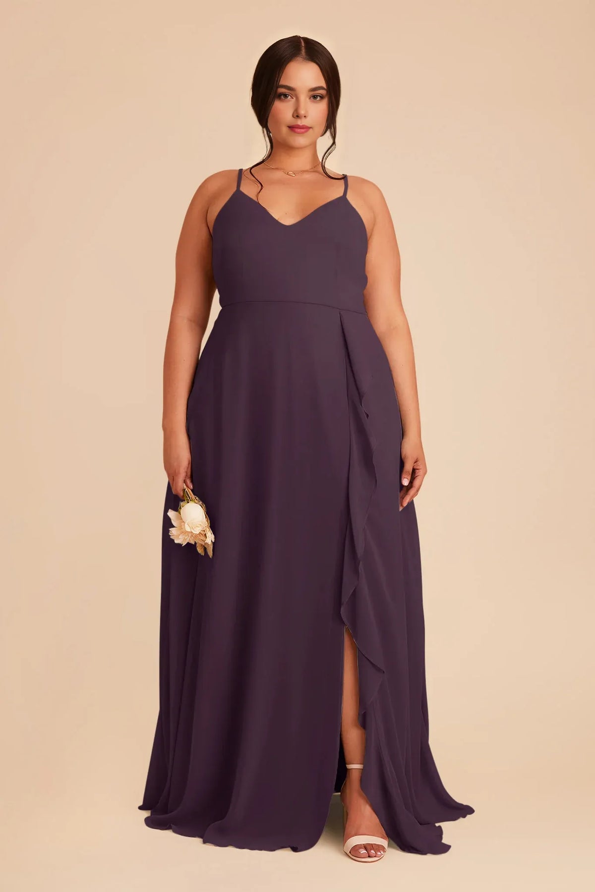 Plum V-Neck Chiffon Ruffled Floor-Length Wedding Dress - Chloe Dress