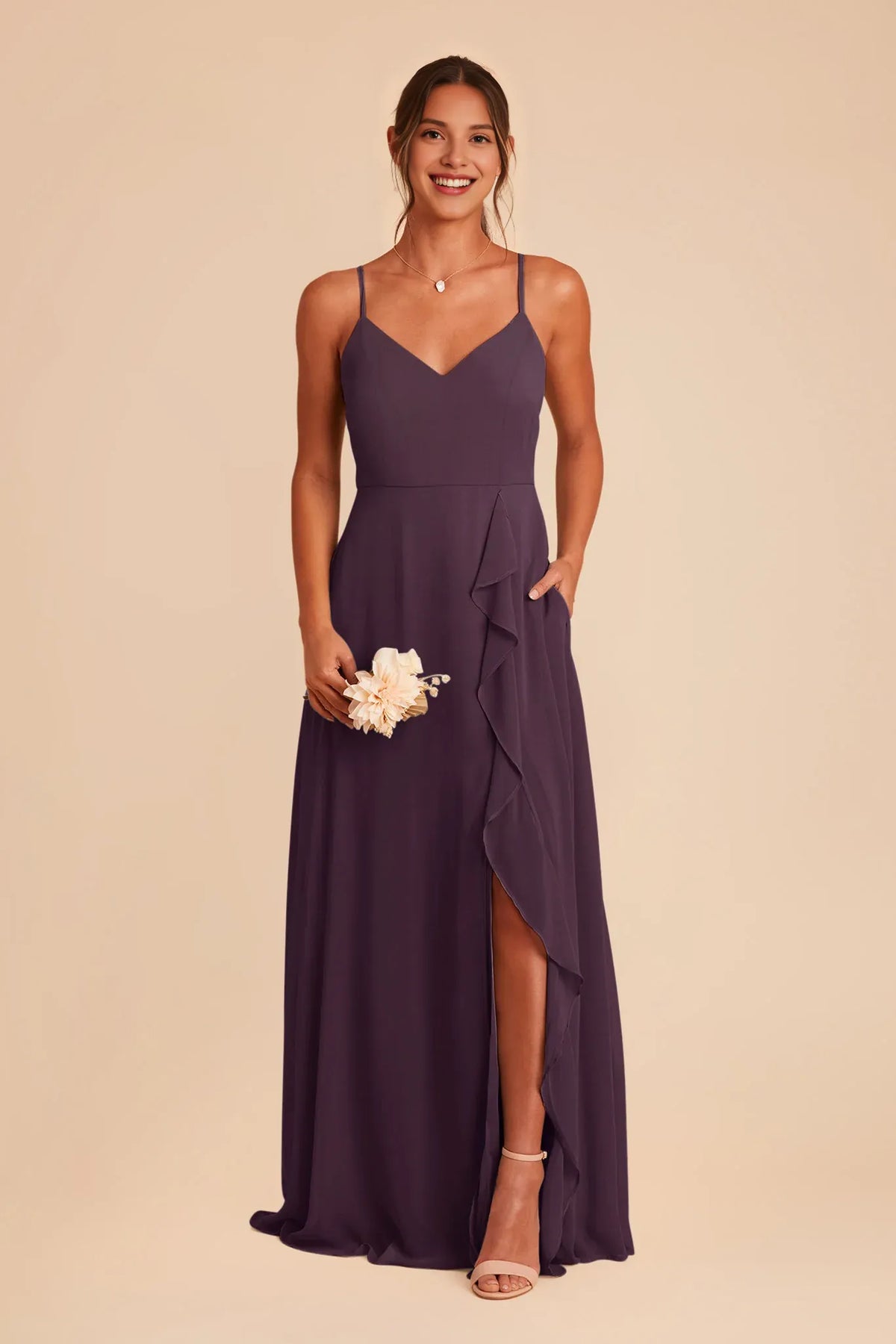 Plum V-Neck Chiffon Ruffled Floor-Length Wedding Dress - Chloe Dress