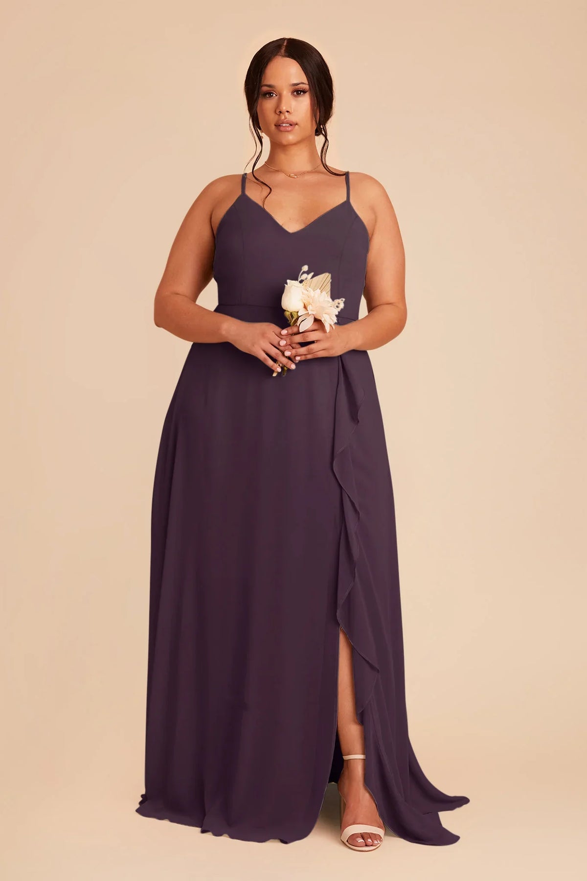 Plum V-Neck Chiffon Ruffled Floor-Length Wedding Dress - Chloe Dress