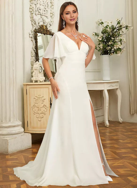 Mermaid V-Neck Chiffon Train Wedding Dress - Chloe Dress