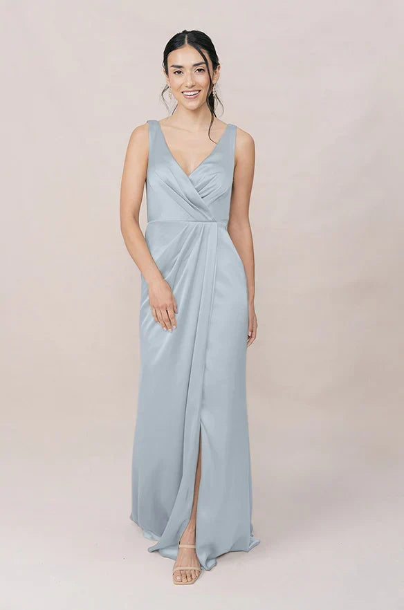 V-Neck Satin High Slit Floor-Length Wedding Dress - Chloe Dress