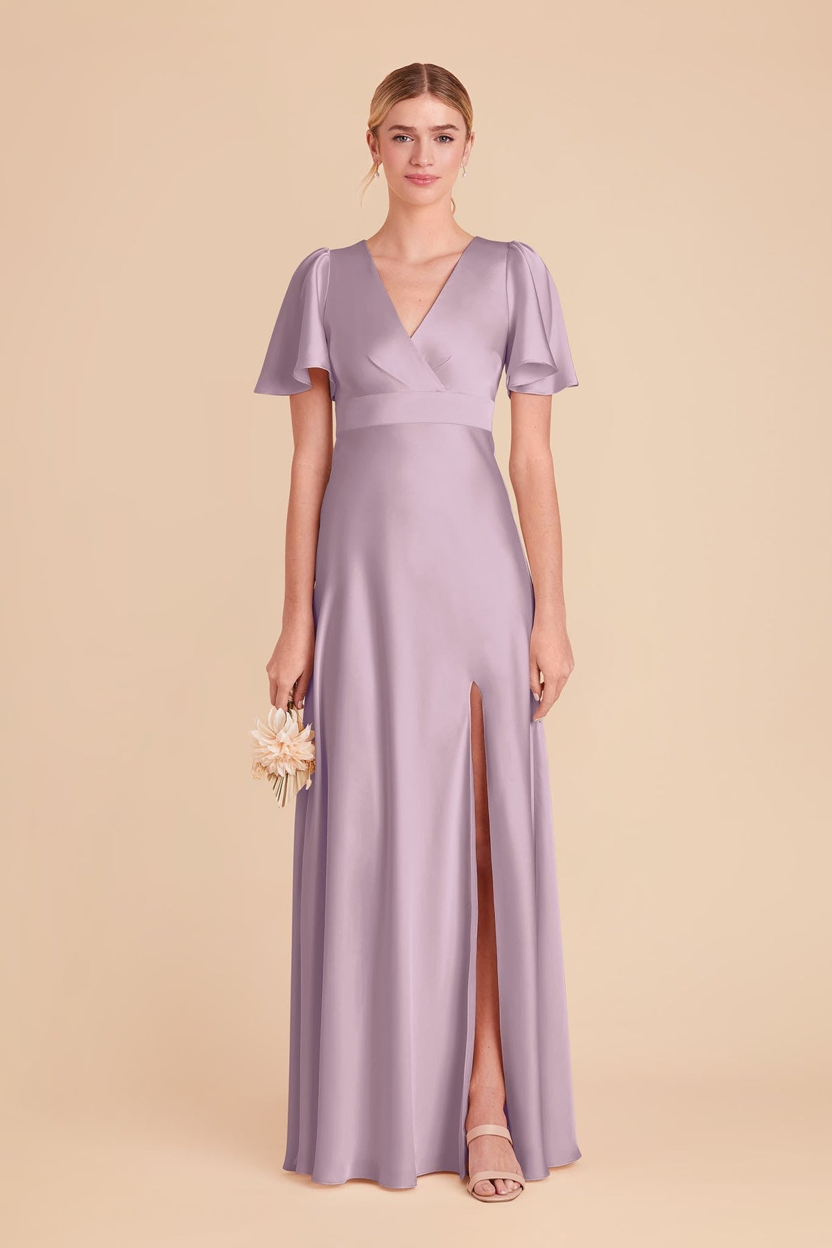 A-Line V-Neck Satin Short Sleeve High Slit Floor-Length Wedding Gown - Chloe Dress