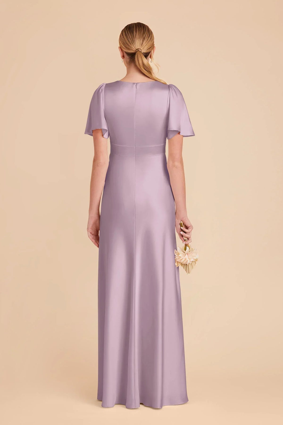 A-Line V-Neck Satin Short Sleeve High Slit Floor-Length Wedding Gown - Chloe Dress