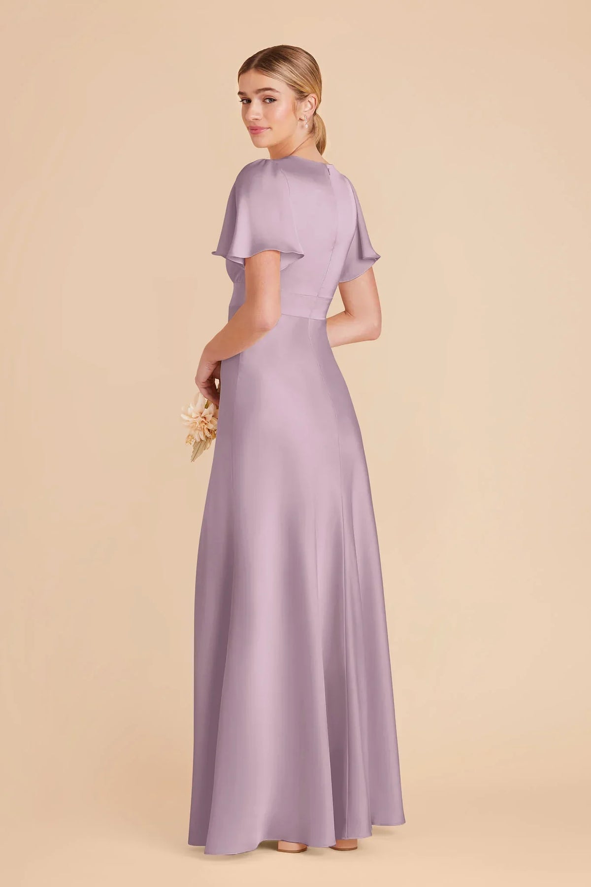 A-Line V-Neck Satin Short Sleeve High Slit Floor-Length Wedding Gown - Chloe Dress