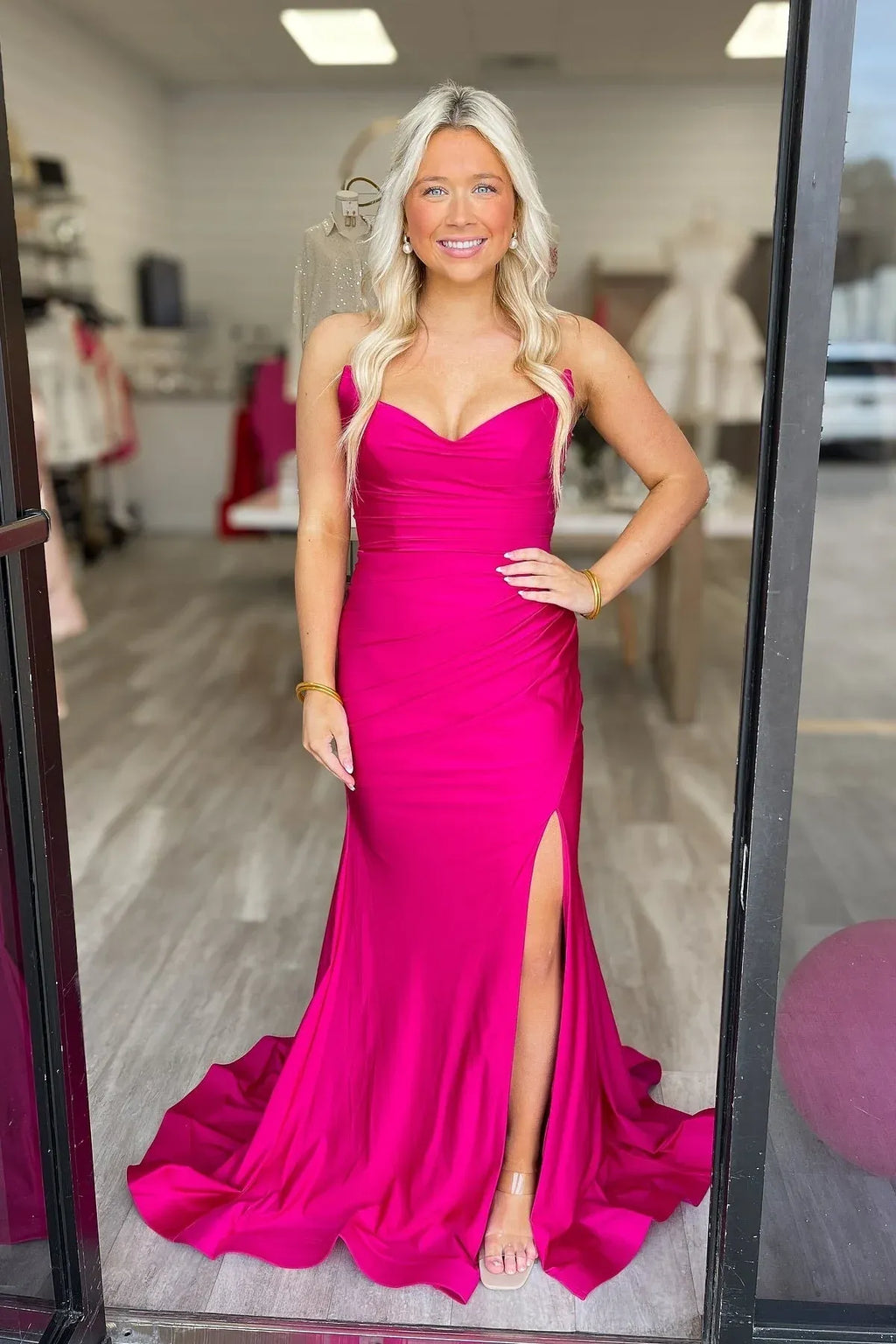 Fuchsia Sweetheart Slit Mermaid Lace‑Up Back Satin Prom Dresses