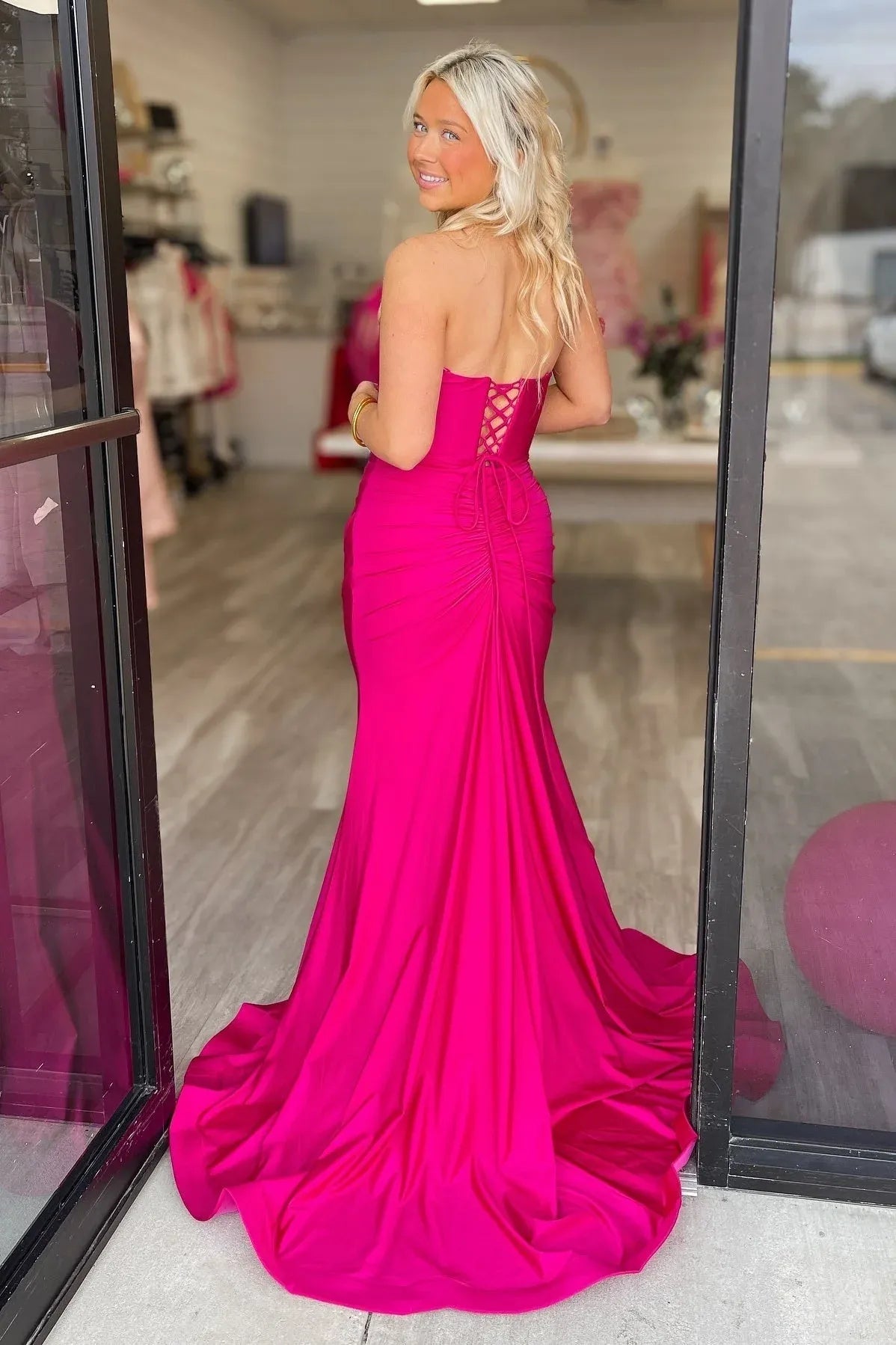 Fuchsia Sweetheart Slit Mermaid Lace‑Up Back Satin Prom Dresses