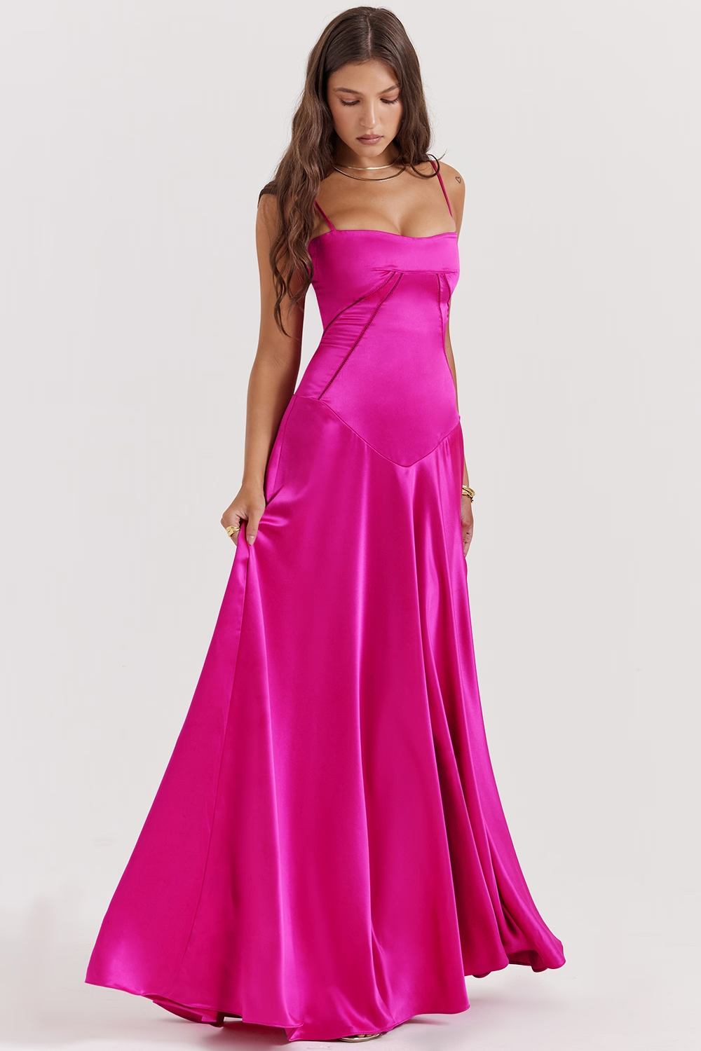 A-Line Spaghetti Strap Satin Lace-Up Back Floor-Length Evening Dress - Chloe Dress