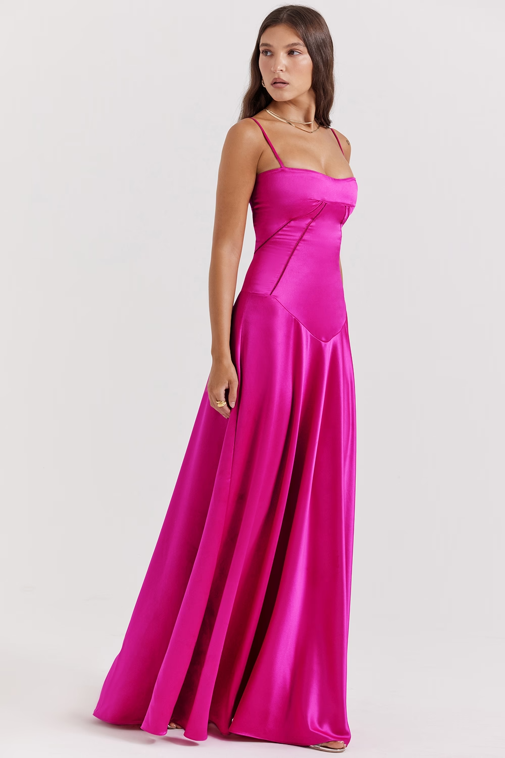 A-Line Spaghetti Strap Satin Lace-Up Back Floor-Length Evening Dress - Chloe Dress