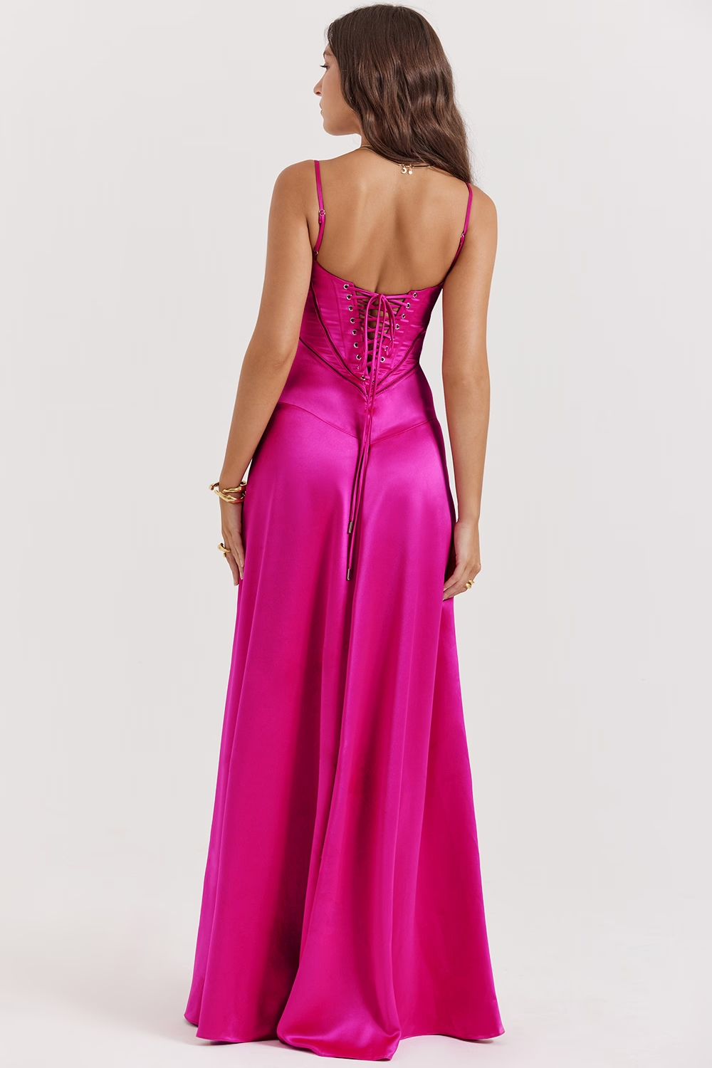 A-Line Spaghetti Strap Satin Lace-Up Back Floor-Length Evening Dress - Chloe Dress