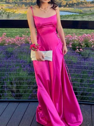 A-Line Spaghetti Strap Satin Lace-Up Back Floor-Length Evening Dress - Chloe Dress
