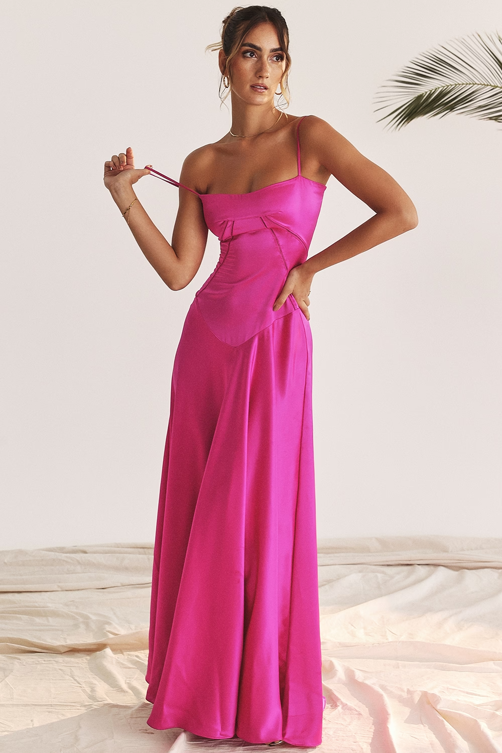 A-Line Spaghetti Strap Satin Lace-Up Back Floor-Length Evening Dress - Chloe Dress
