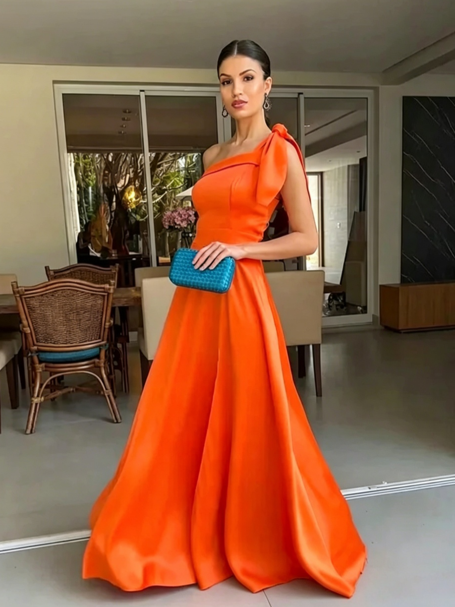 Orange A-Line One-Shoulder Satin Floor-Length Evening Dress - Chloe Dress