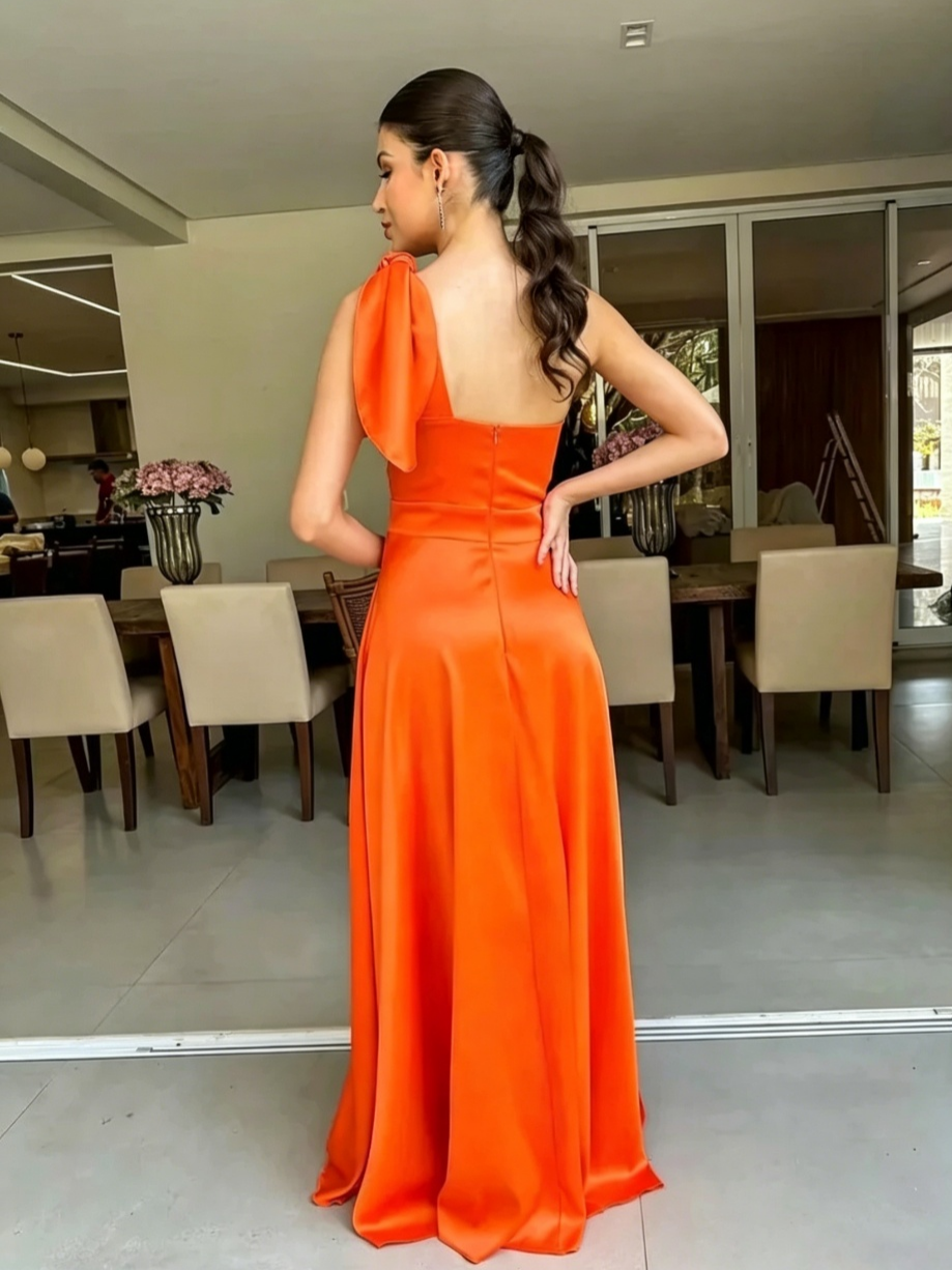 Orange A-Line One-Shoulder Satin Floor-Length Evening Dress - Chloe Dress