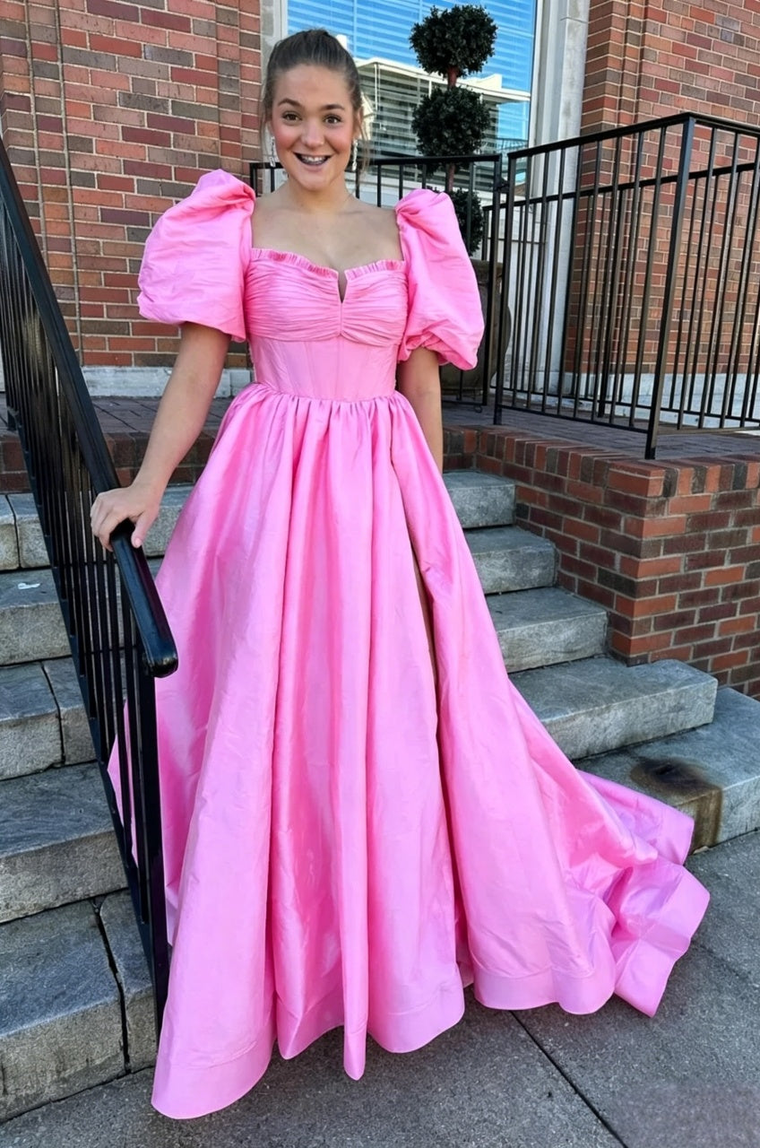 Pink Ball Gown Sweetheart Puff Sleeve Open Back Floor-Length Evening Gown - Chloe Dress