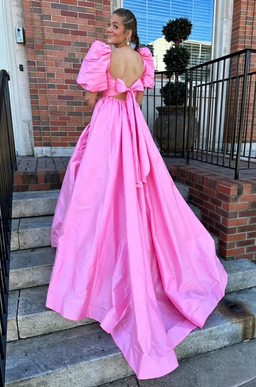 Pink Ball Gown Sweetheart Puff Sleeve Open Back Floor-Length Evening Gown - Chloe Dress