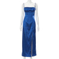 Blue Spaghetti Strap Satin Open Back High Slit Midi Evening Dress - Chloe Dress