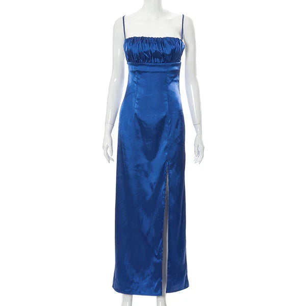 Blue Spaghetti Strap Satin Open Back High Slit Midi Evening Dress - Chloe Dress