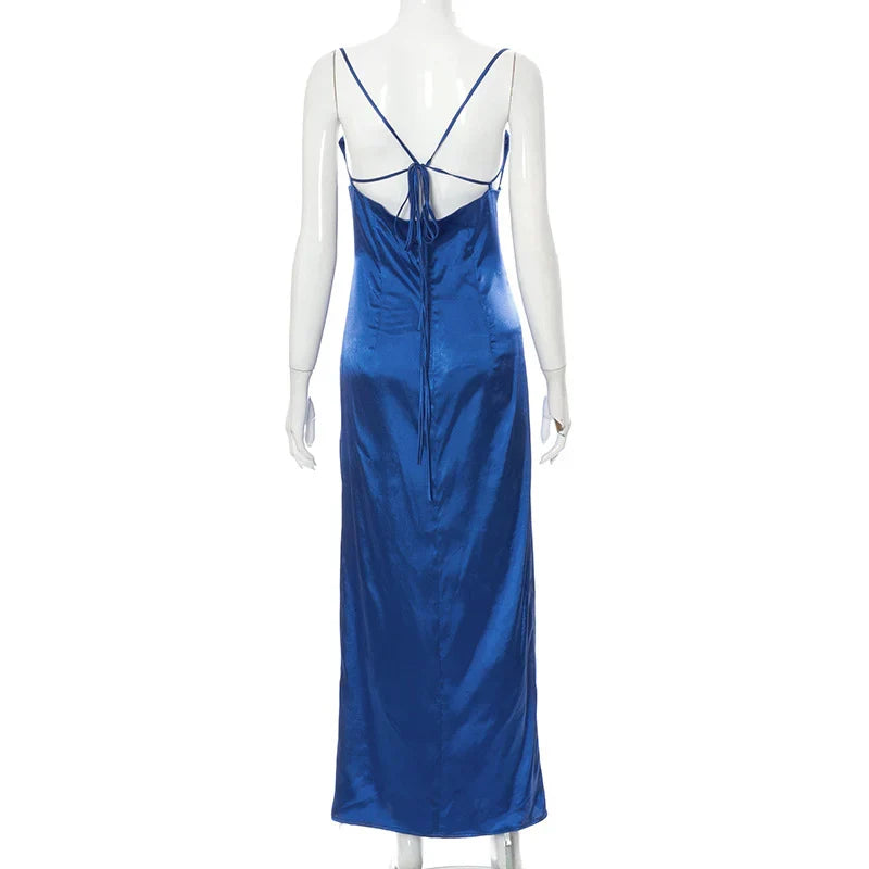 Blue Spaghetti Strap Satin Open Back High Slit Midi Evening Dress - Chloe Dress