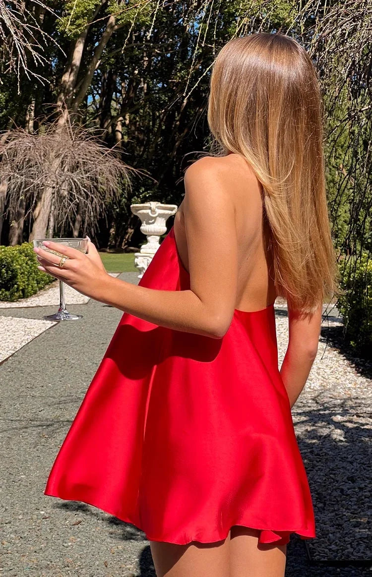 A-Line Halter Satin Sleeveless Open Back Mini Homecoming Dress - Chloe Dress