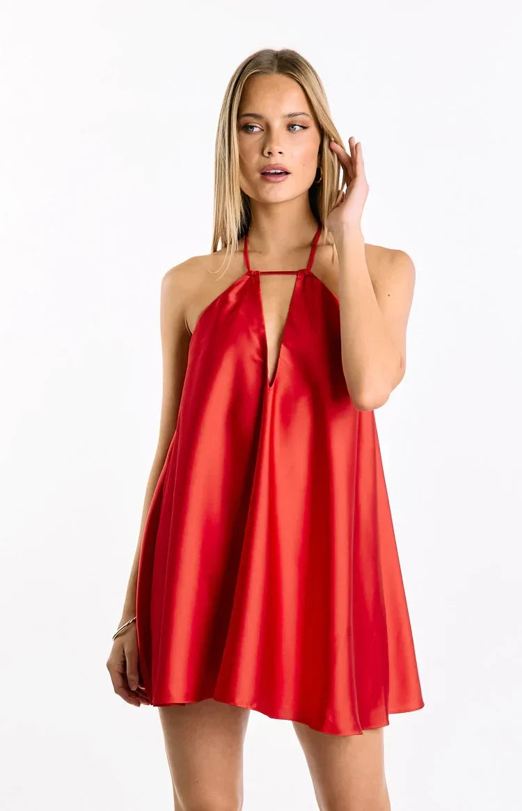 A-Line Halter Satin Sleeveless Open Back Mini Homecoming Dress - Chloe Dress