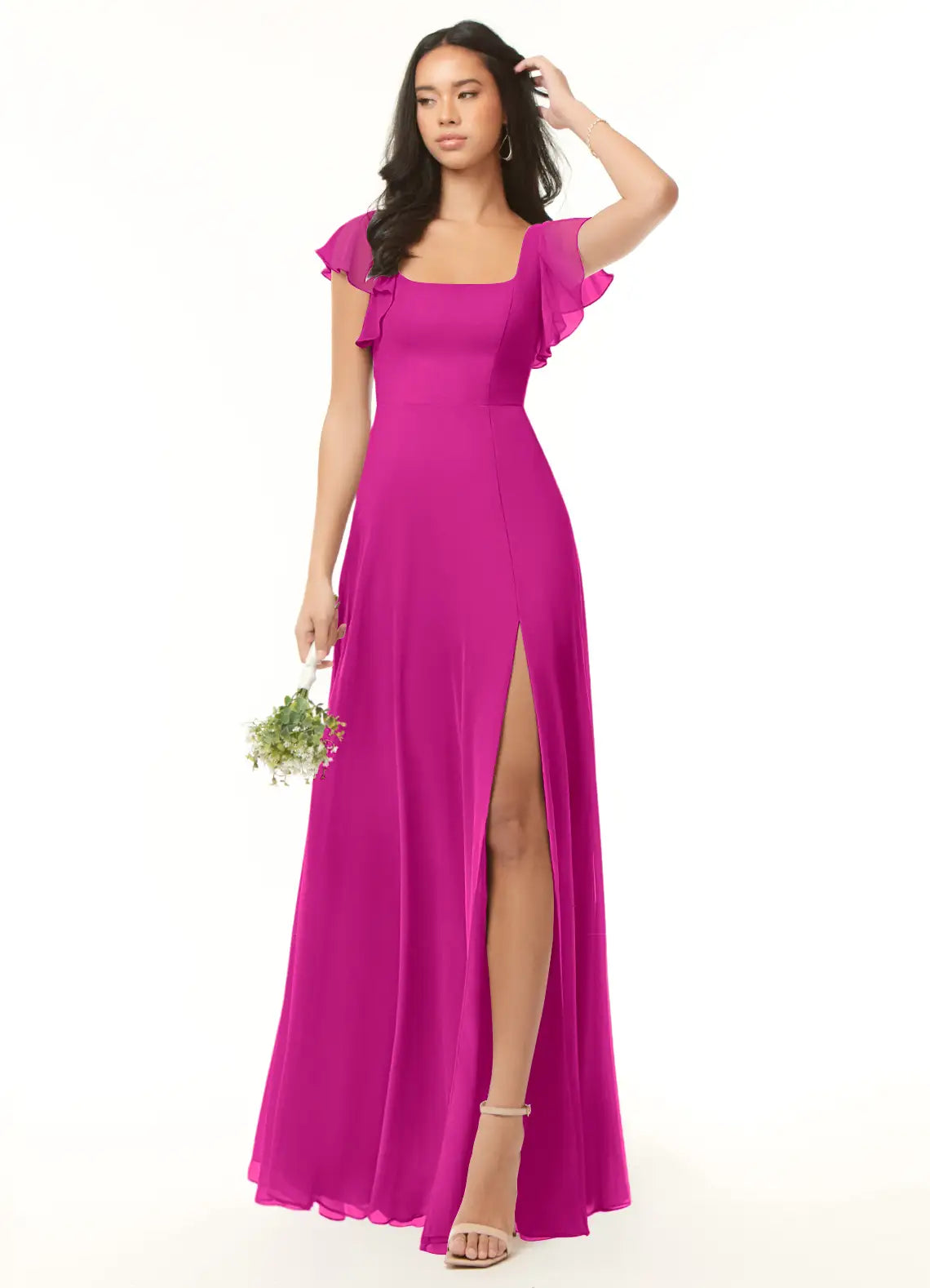 Square Neck Chiffon High Slit Wedding Dress - Chloe Dress