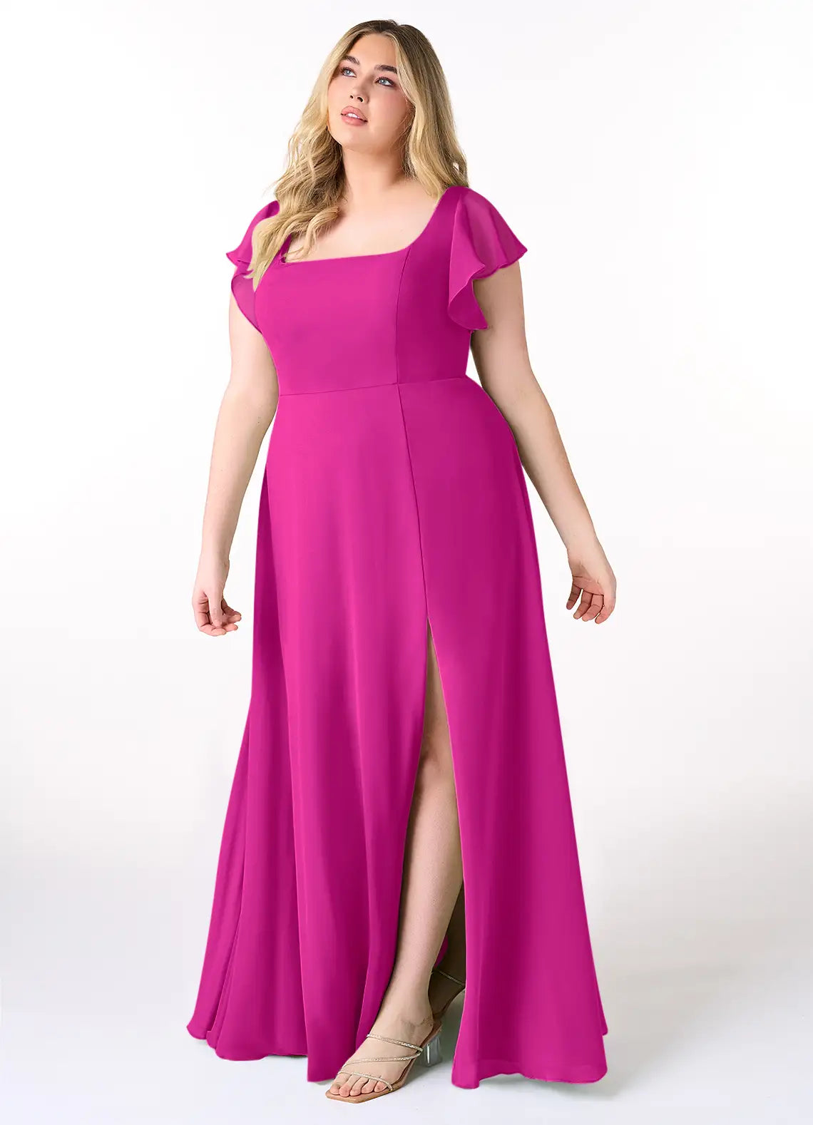 Square Neck Chiffon High Slit Wedding Dress - Chloe Dress