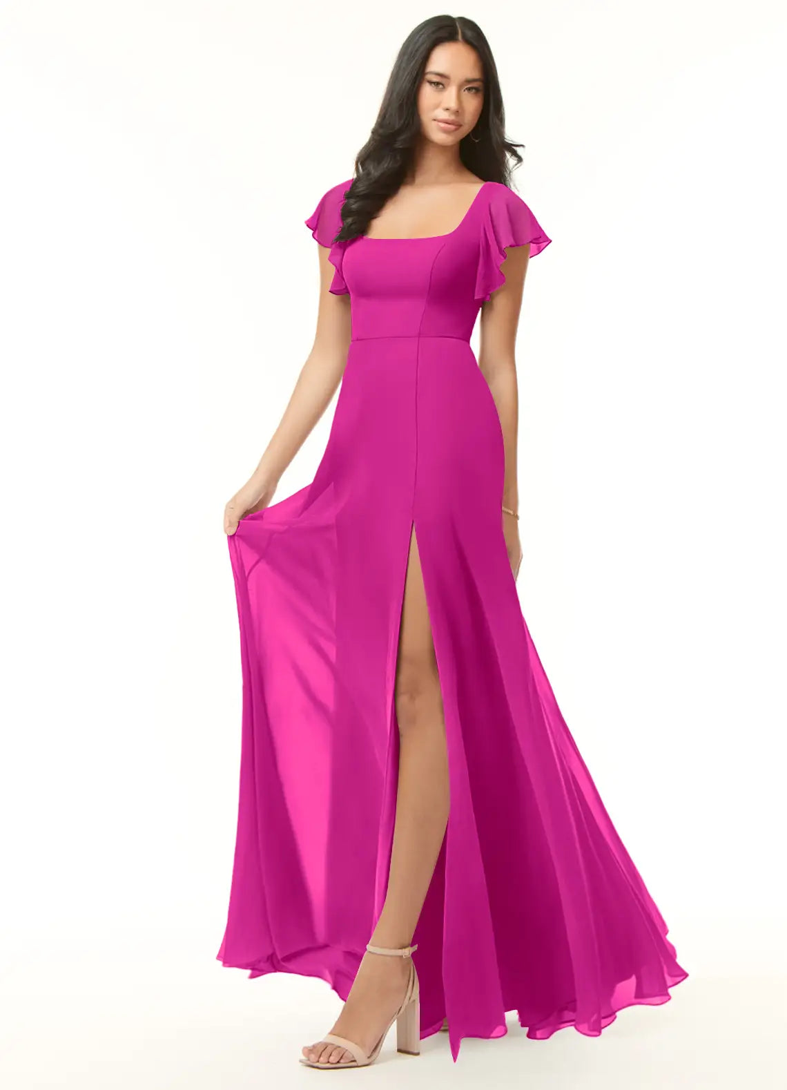 Square Neck Chiffon High Slit Wedding Dress - Chloe Dress