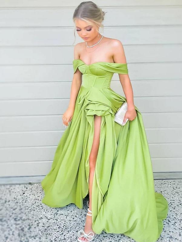 Green Off-Shoulder Satin Lace-Up Back High Slit Floor-Length Evening Dress - Chloe Dress