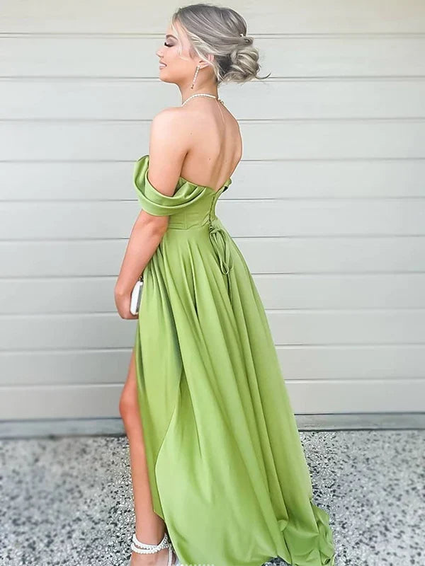 Green Off-Shoulder Satin Lace-Up Back High Slit Floor-Length Evening Dress - Chloe Dress