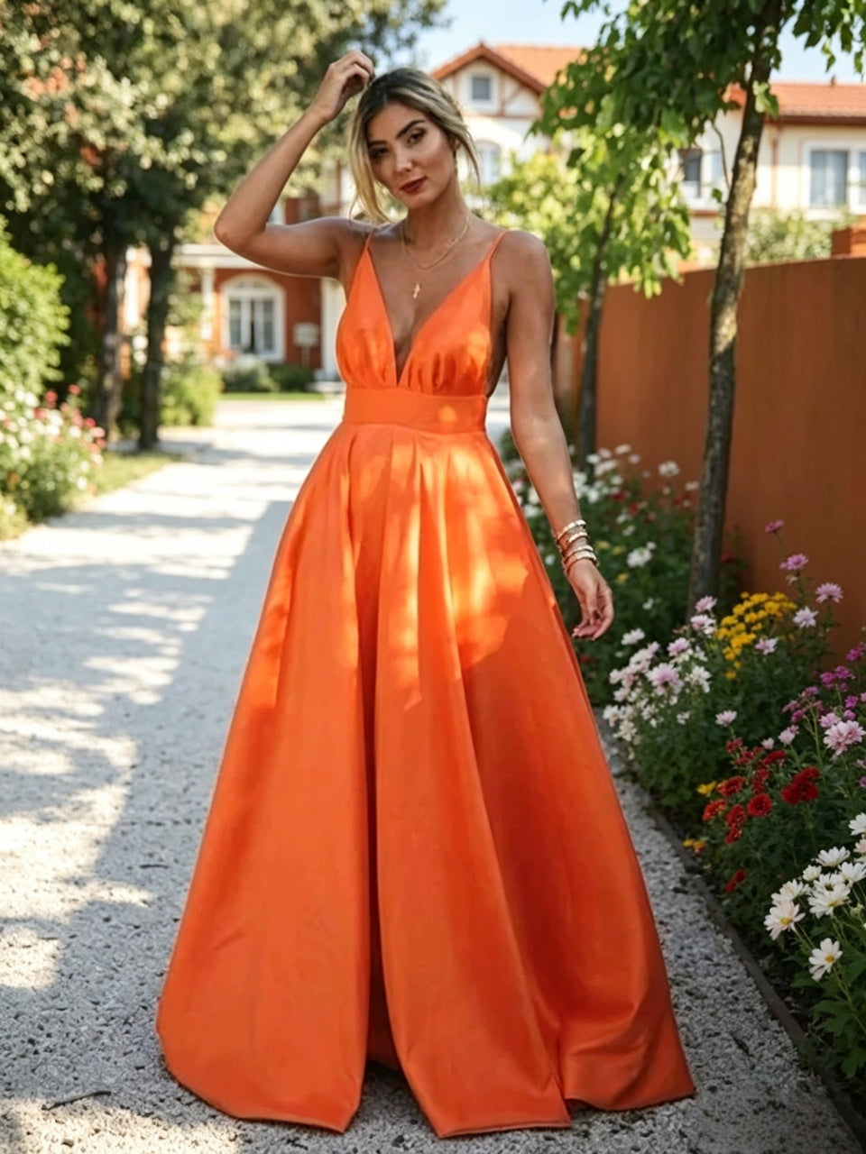 Orange Spaghetti Strap Satin Open Back Floor-Length Evening Dress - Chloe Dress