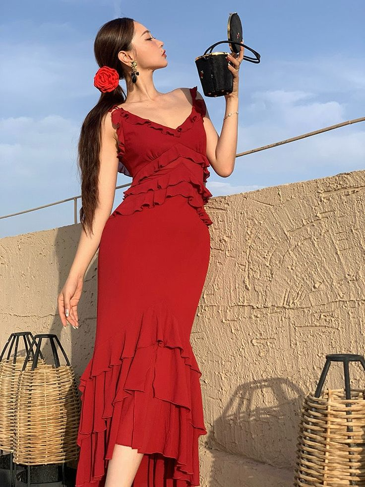 Mermaid V-Neck High Slit Midi Evening Dress - Chloe Dress
