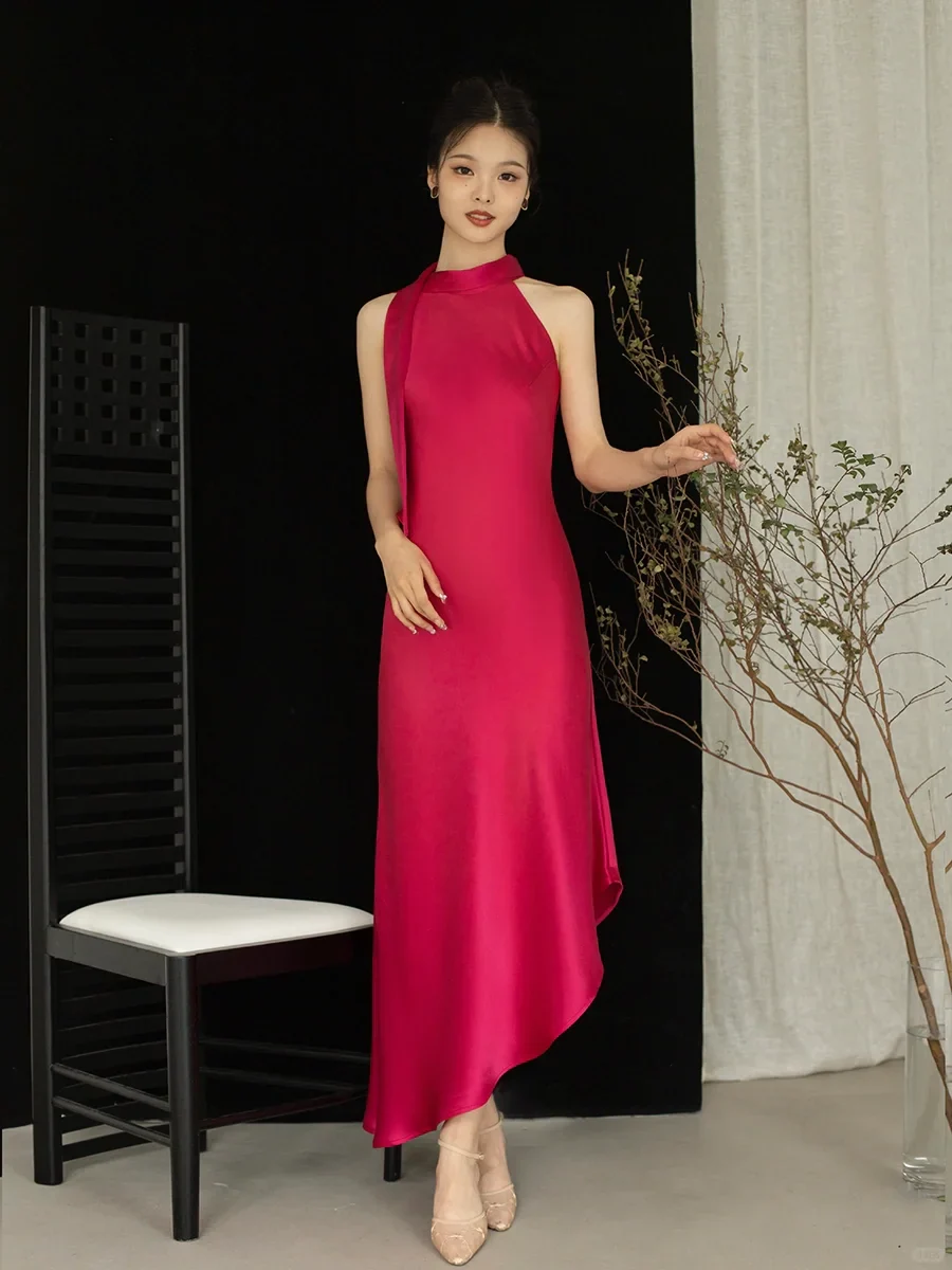 Halter Satin Sleeveless High Slit Midi Evening Dress - Chloe Dress