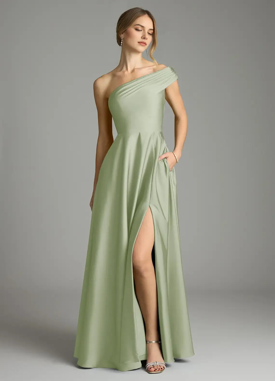 A-Line One-Shoulder Satin Sleeveless Zipper Back Floor-Length Wedding Dress - Chloe Dress