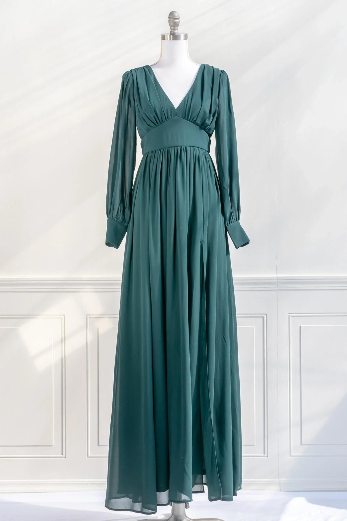 V-Neck Satin Long Sleeve Floor-Length Prom Dress - Chloe Dress