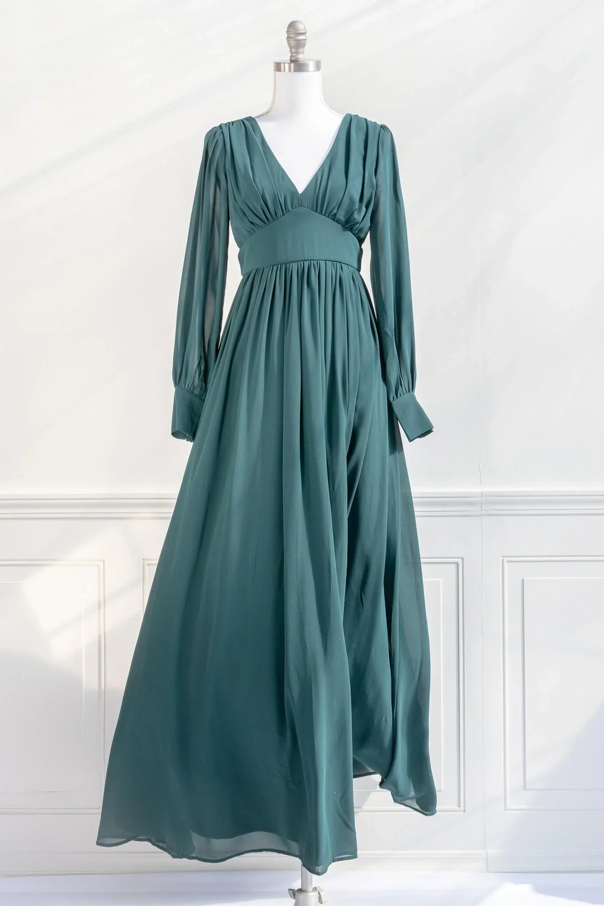 V-Neck Satin Long Sleeve Floor-Length Prom Dress - Chloe Dress