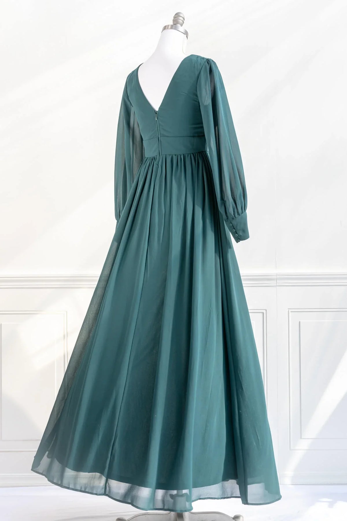 V-Neck Satin Long Sleeve Floor-Length Prom Dress - Chloe Dress