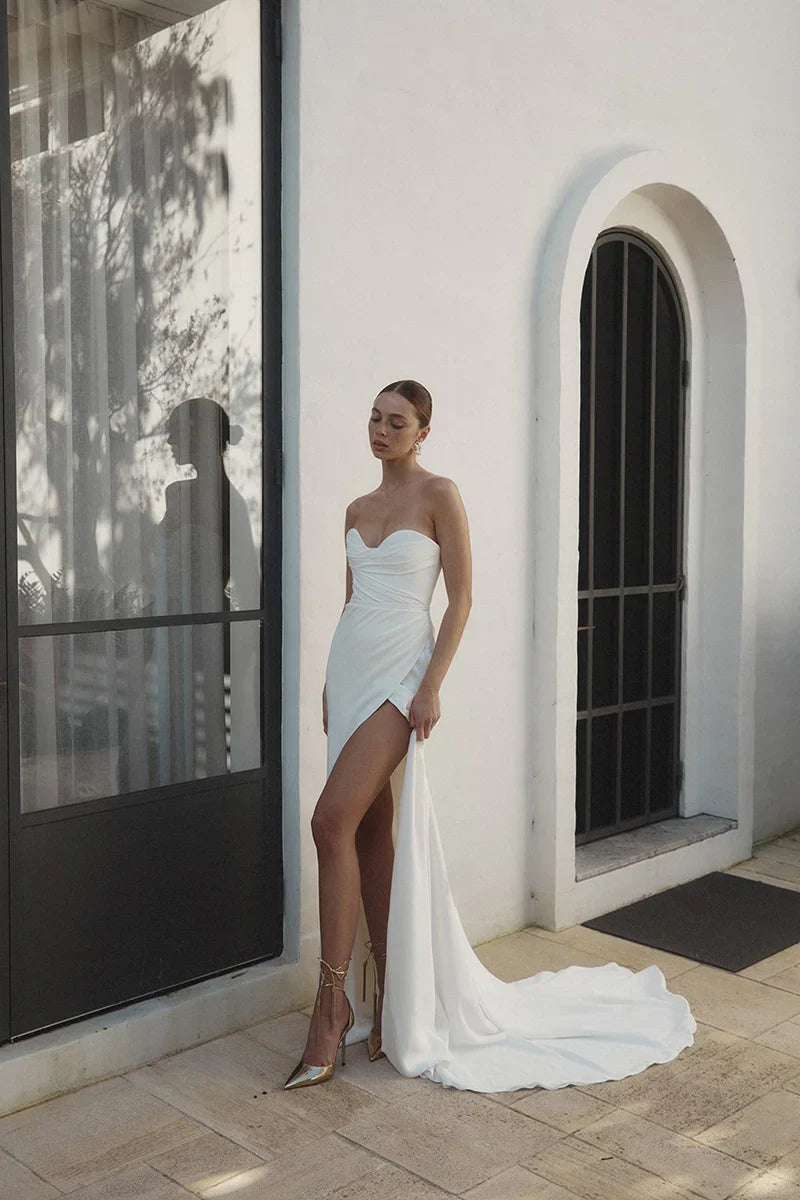 Strapless Sweetheart Mermaid Wedding Dress High Slit Train