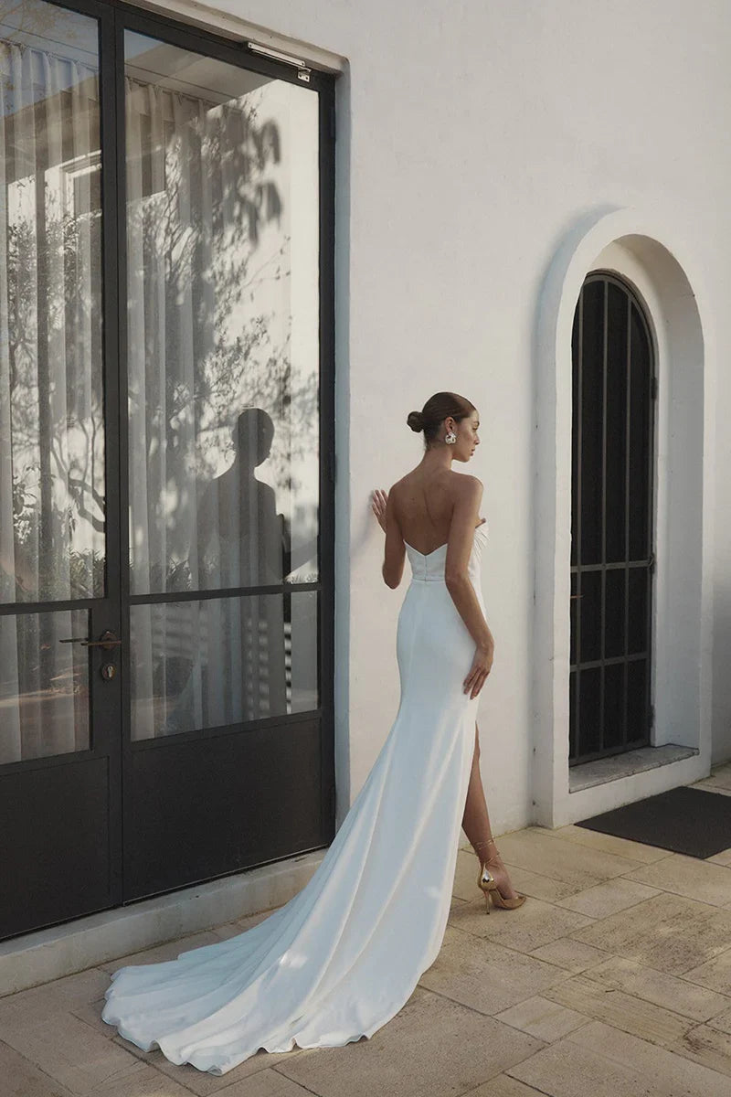 Strapless Sweetheart Mermaid Wedding Dress High Slit Train