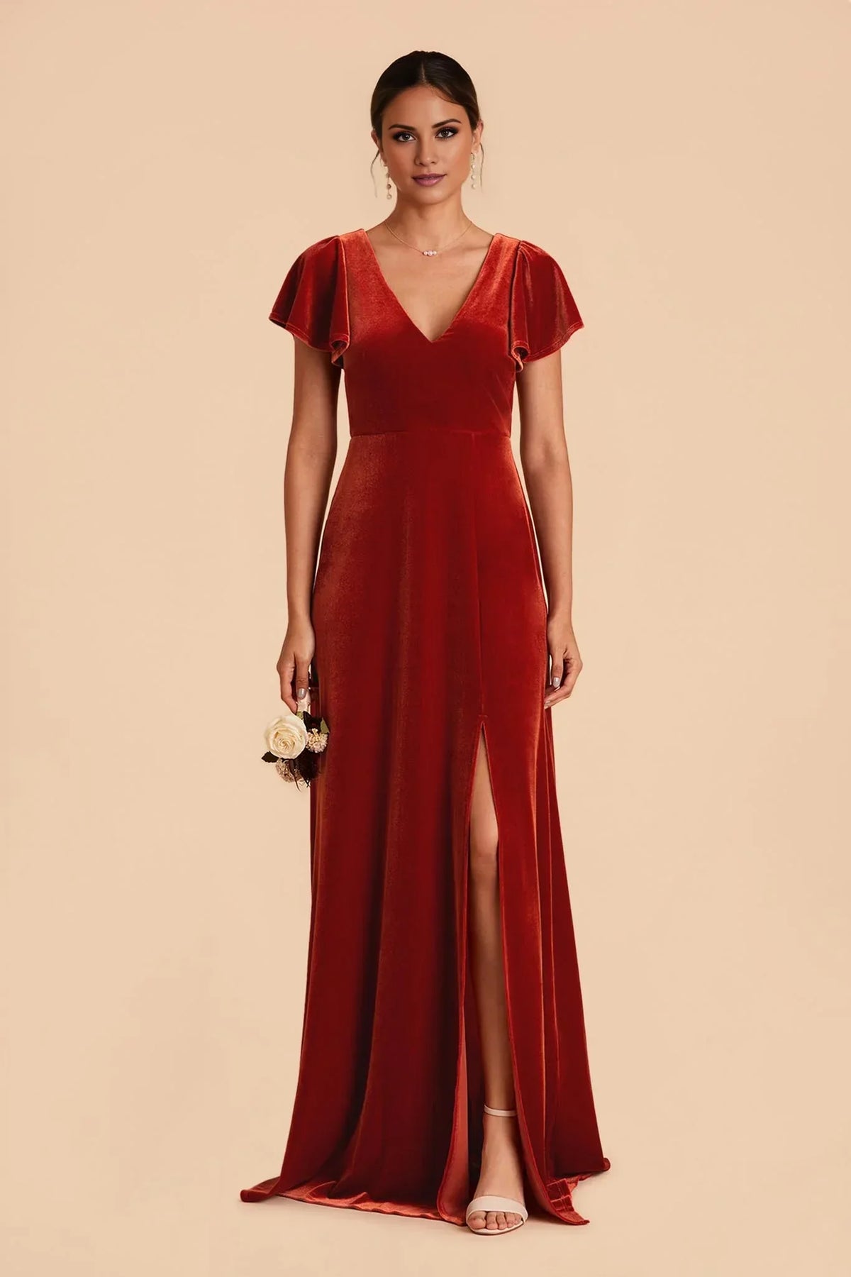 Orange V-Neck Velvet Open Back High Slit Floor-Length Wedding Dress - Chloe Dress