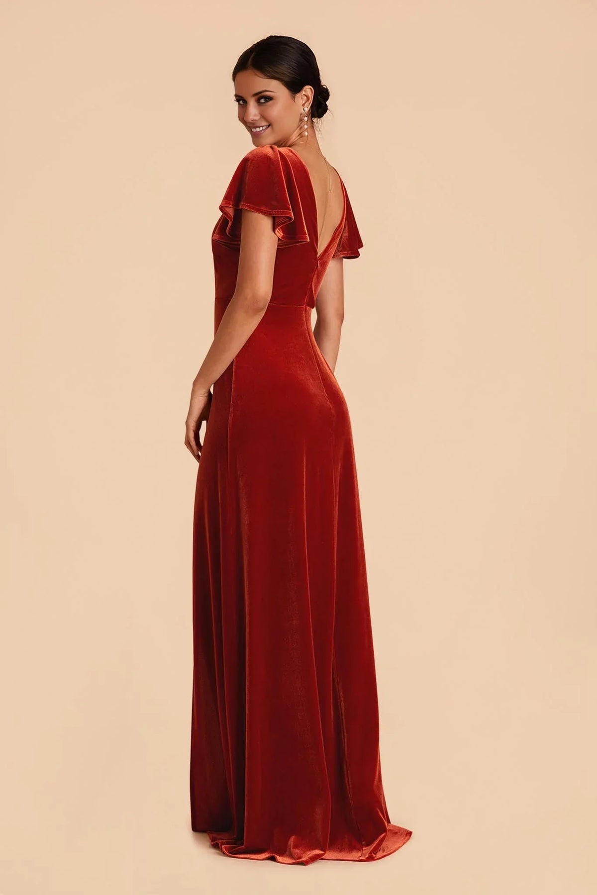 Orange V-Neck Velvet Open Back High Slit Floor-Length Wedding Dress - Chloe Dress