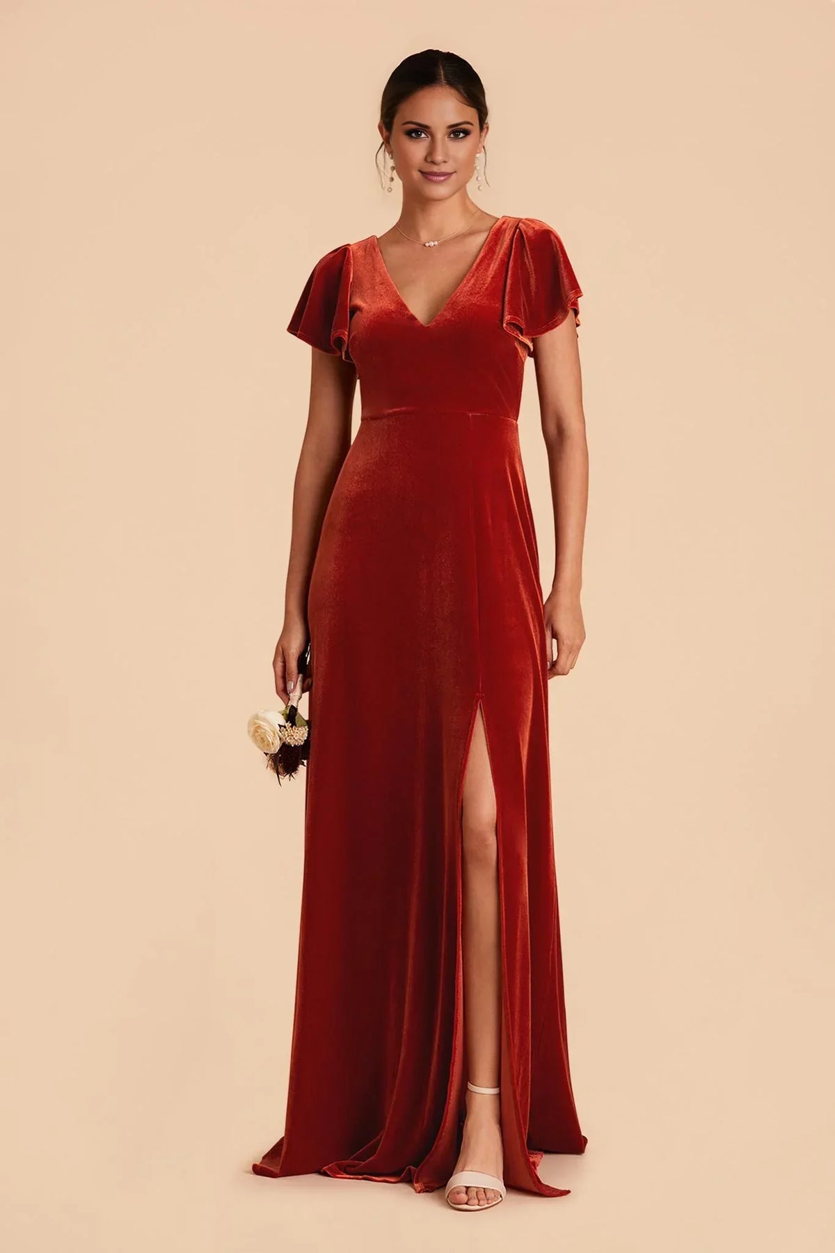 Orange V-Neck Velvet Open Back High Slit Floor-Length Wedding Dress - Chloe Dress