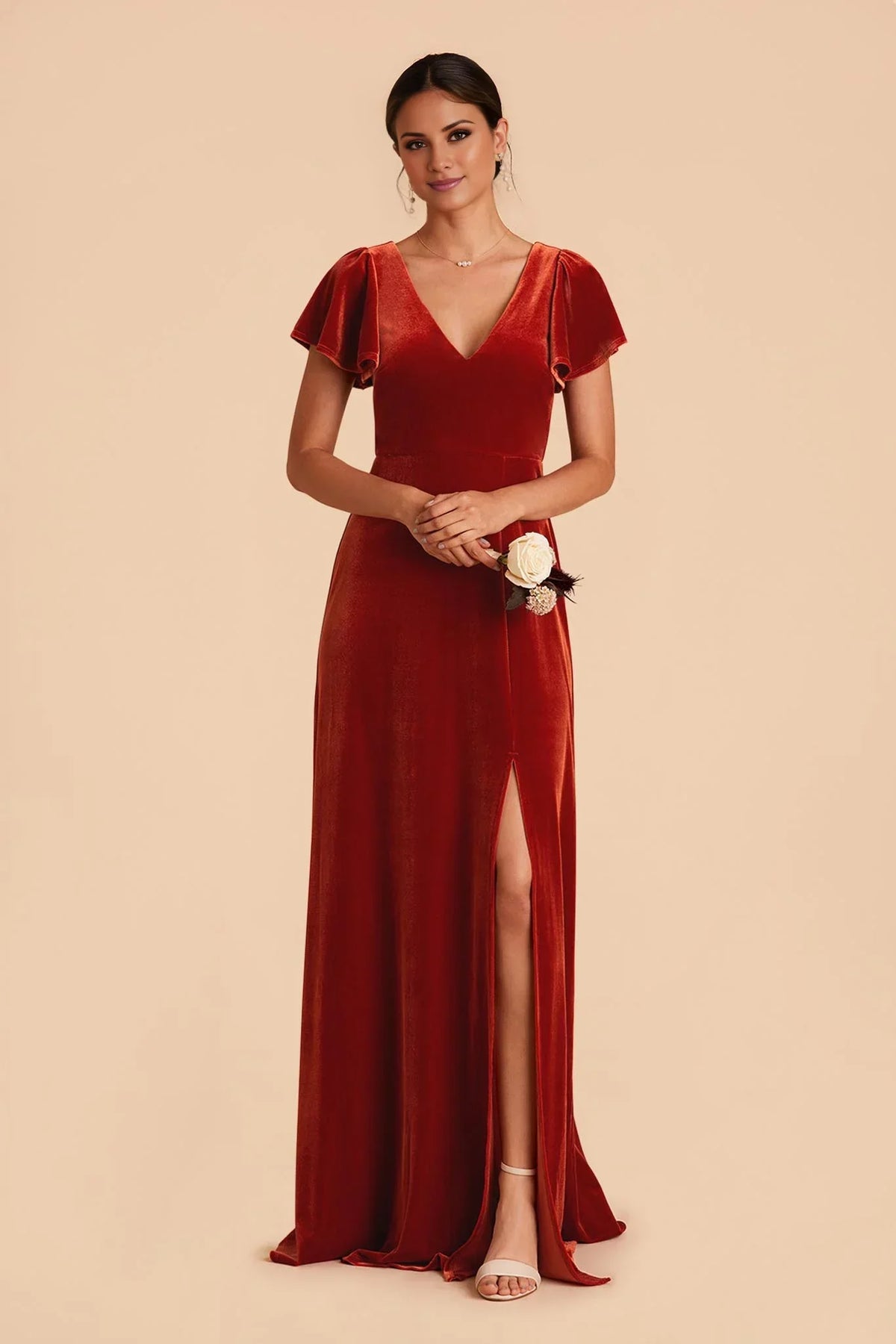 Orange V-Neck Velvet Open Back High Slit Floor-Length Wedding Dress - Chloe Dress