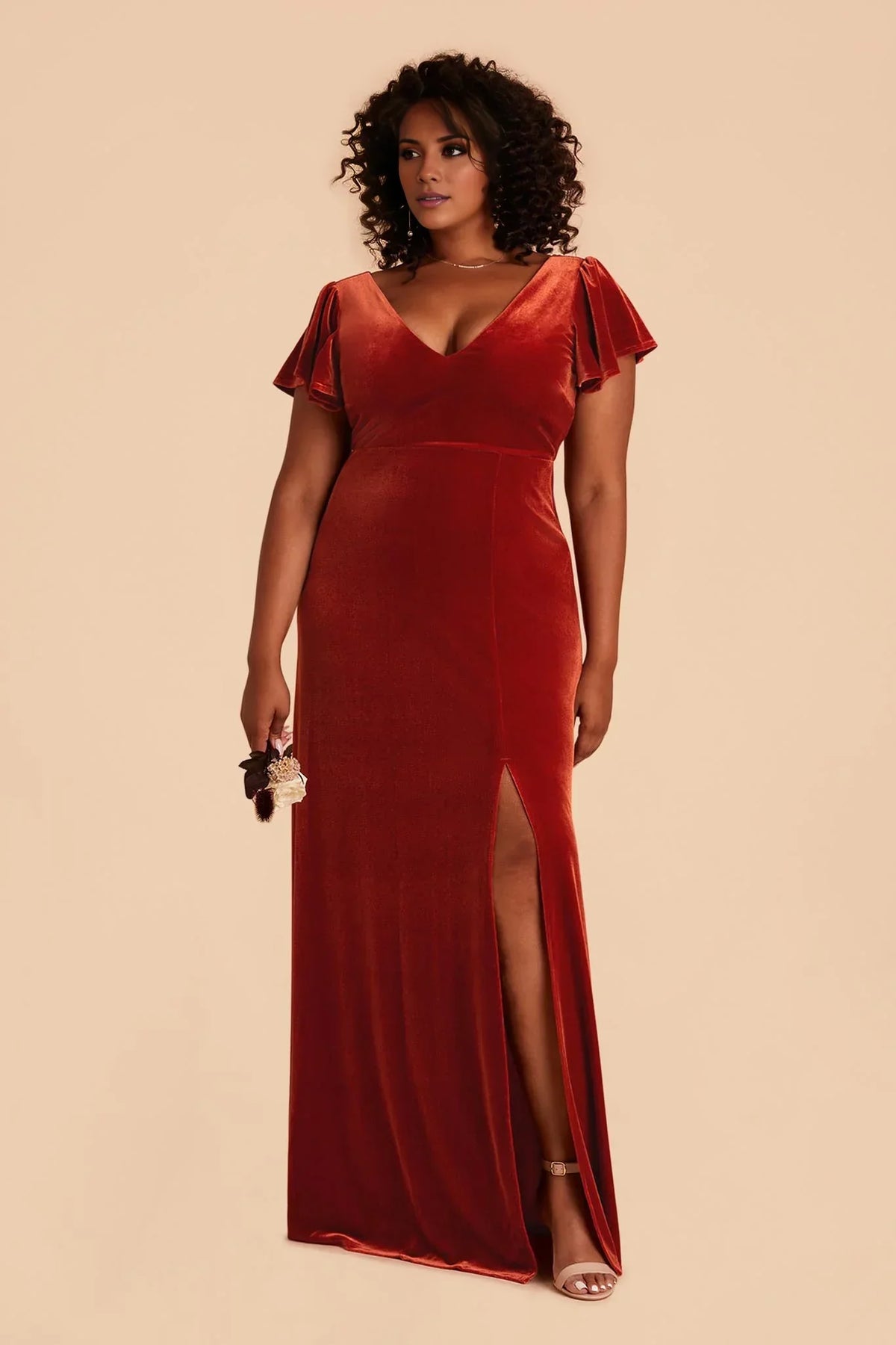 Orange V-Neck Velvet Open Back High Slit Floor-Length Wedding Dress - Chloe Dress