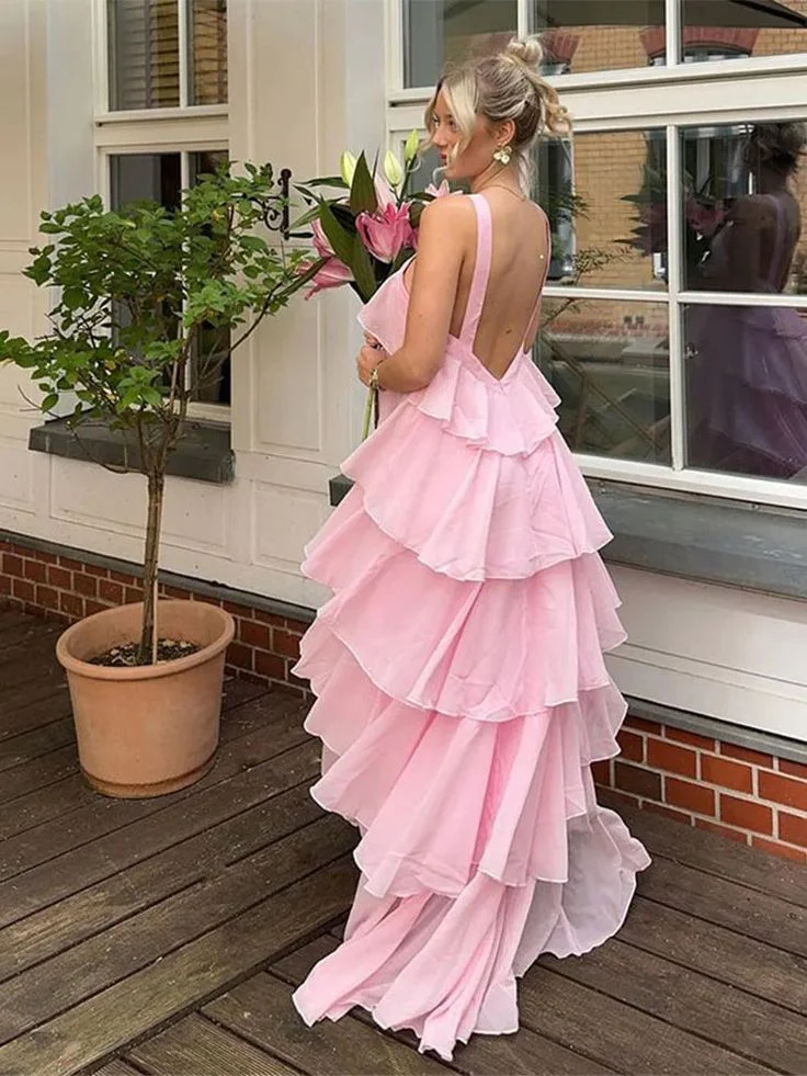 A-Line Halter Sleeveless Open Back Tiered Floor-Length Evening Dress - Chloe Dress
