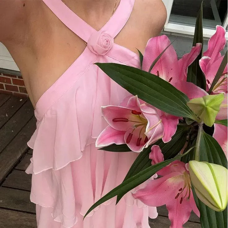 A-Line Halter Sleeveless Open Back Tiered Floor-Length Evening Dress - Chloe Dress
