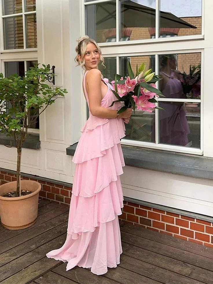 A-Line Halter Sleeveless Open Back Tiered Floor-Length Evening Dress - Chloe Dress