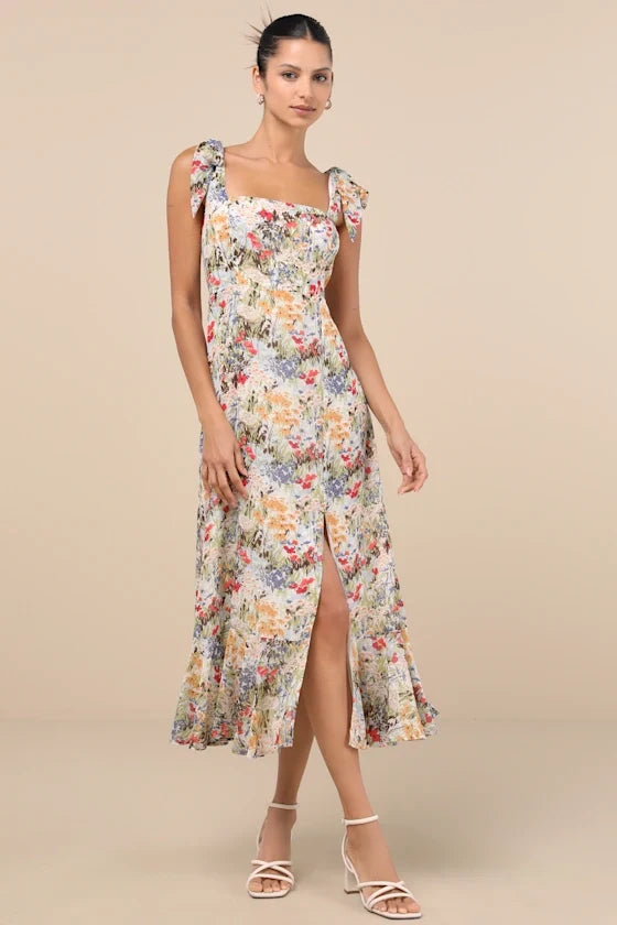Square Neck Chiffon Sleeveless Midi Prom Dress - Chloe Dress